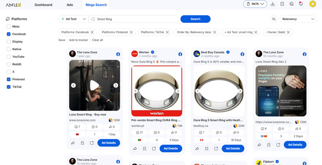 Adflex Mega Search showing product ads across Facebook, TikTok, and Pinterest