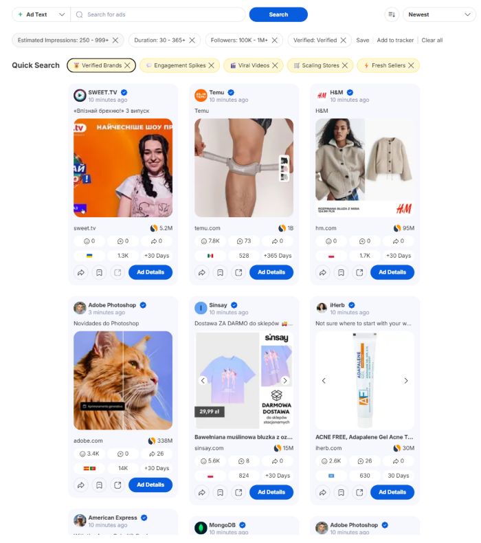 Adflex Facebook ad search with quick searches, estimated impressions, duration, follower, and newest filters