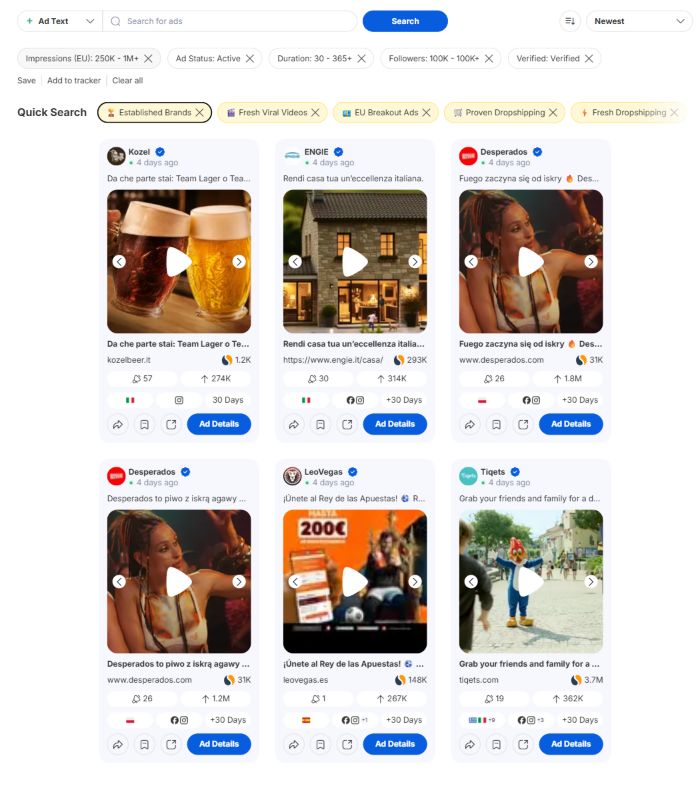 Adflex Meta ad search showing active verified creatives, impression filters, and newest sorting