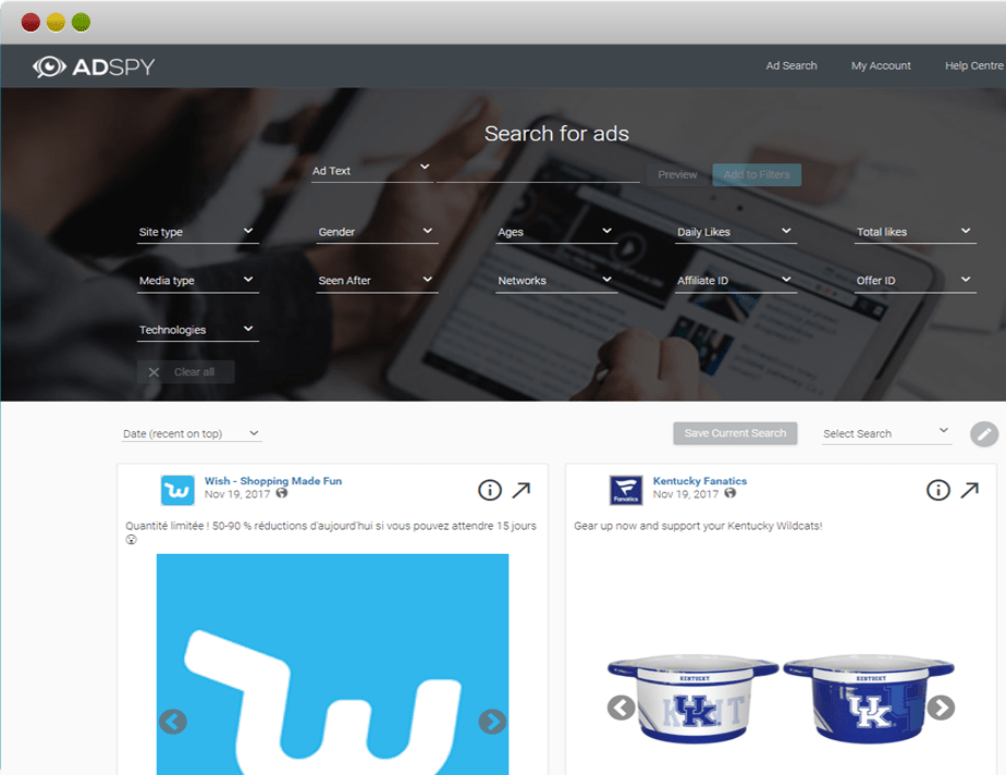 AdSpy interface for searching Facebook and Instagram advertising data