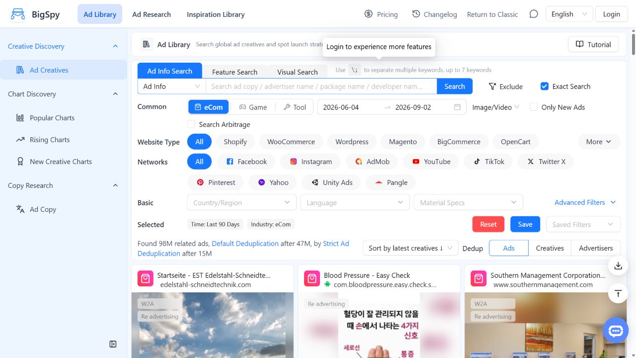 BigSpy public ad library interface with search modes, industry, network, date, and deduplication controls