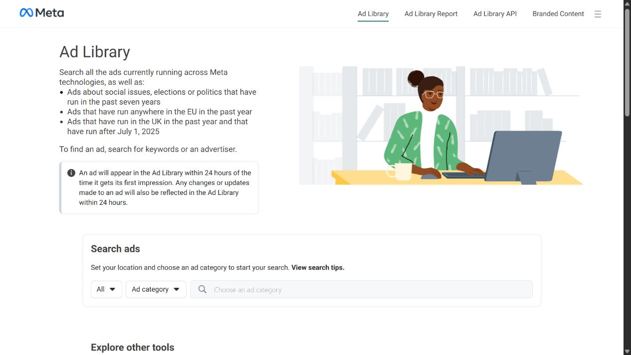 Meta Ad Library search interface with country, category, status, and media filters
