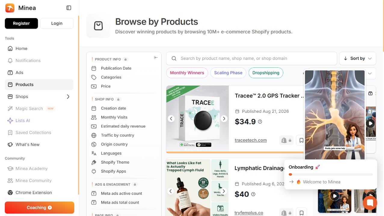 Minea product research dashboard showing ecommerce discovery and advertising research controls