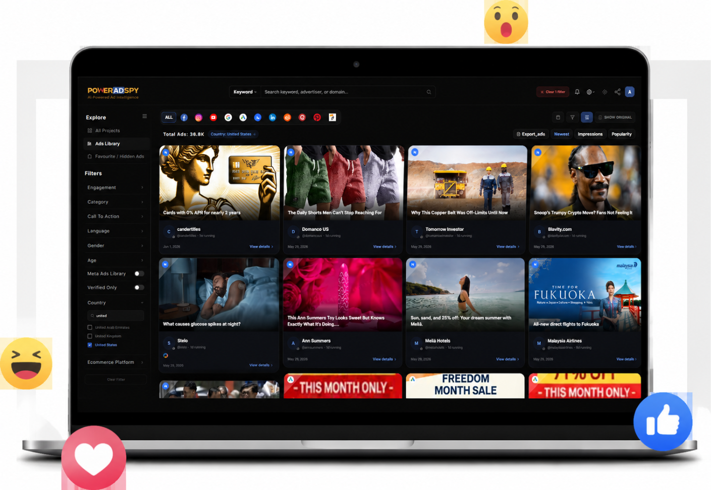 PowerAdSpy advertising research dashboard with Facebook ad search and filter controls