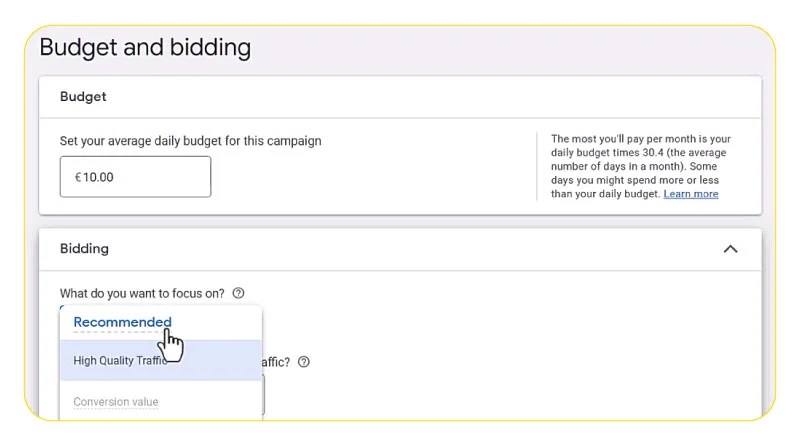 how to Set a budget and bidding strategy in google AdWords 